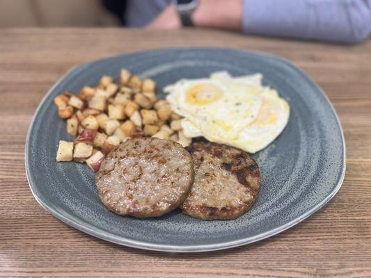 EGGS ANY STYLE Two Eggs Pork Sausage Patty and Buttermilk Pancakes