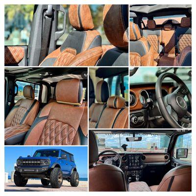Car Upholstery Repair
complete jeep interior custom in blanck and brown leather with diamond stitching.