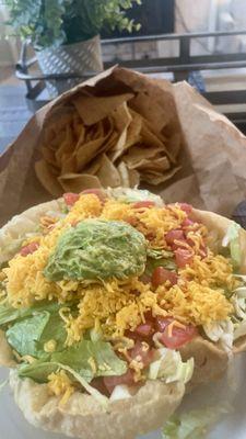 Tostada Compuesta unfortunately looking more like a taco salad than a TOSTADA please serve flat so you can taste the yummy freshness!!