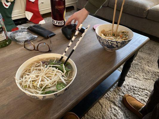 Chicken pho & chicken drunken noodle with