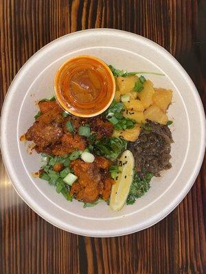 Hawaiian Hot Chickens really good really flavorful & kales fresh. Whats next to the pineapple is it eggplant? Tastes healthy & fresh