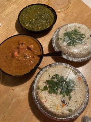 Butter chicken, palak paneer, rice