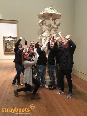 Taking a group photo at the Philadelphia Museum of Art scavenger hunt