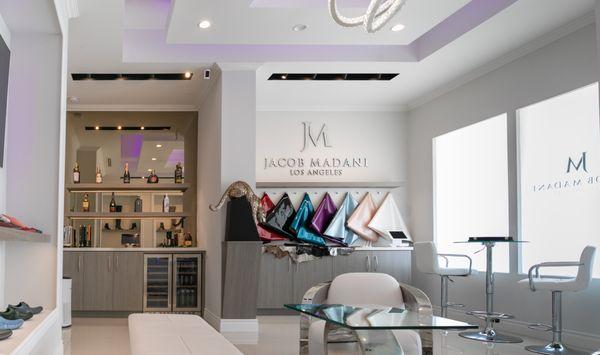 Showroom bar and leather wall.