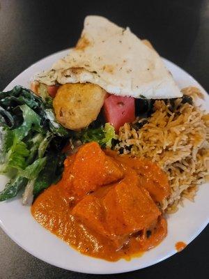 Chicken masala, Naan bread,  rice