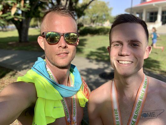 My brother-in-law (right) and I enjoyed our time on the podium at the 2019 Orange Blossom Half Marathon.