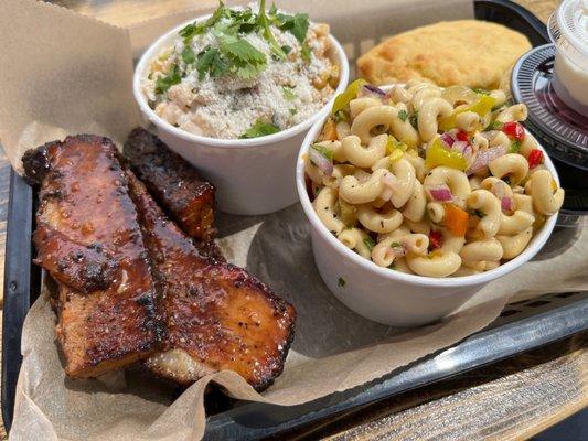 Tom Thumb plate with Beef Brisket, Pasta Salad, Smoked Corn Salad, and Cornbread