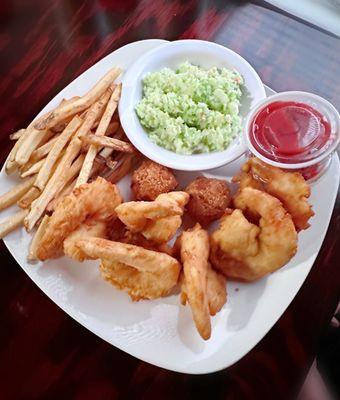 6 fried shrimp plate, shoestring hand cut fries, crispy sweet coleslaw and hush puppies