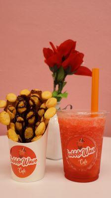A perfect combo! Refreshing bubble tea with chewy tapioca pearls, paired with a freshly made boba waffle.