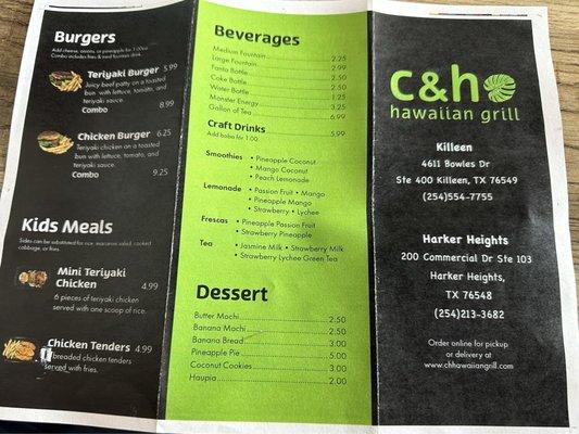 Menu as of September 2024