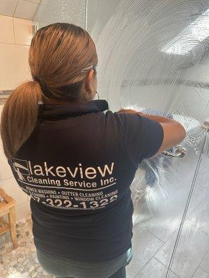 Shower glass door cleaning