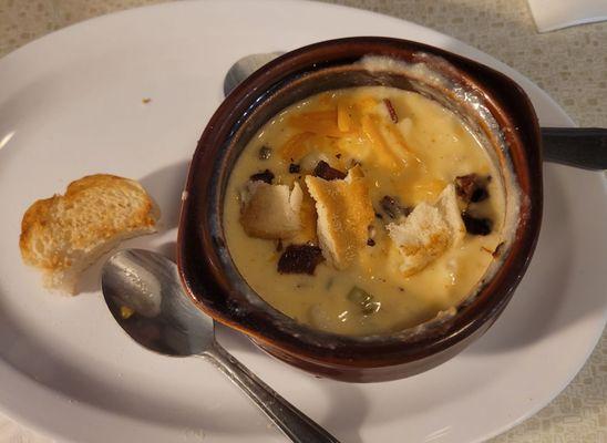 Potato soup with toasted garlic bread.
