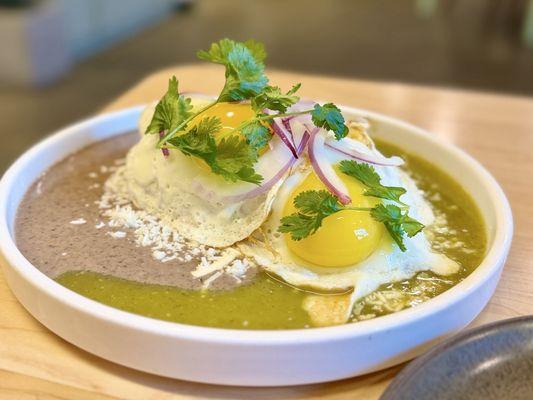 Masa Shape Especial Chicken & pork blue corn tamale with heirloom beans & sunny-side eggs