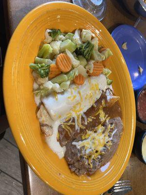 Enchilada Platter - YUM! chicken & cheese enchilada with veggies & refried beans