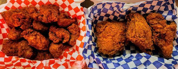 L'il Bites spice level 2 & 3 chicken thighs spice level 0. Not pictured: fries, mac & cheese, mashed potatoes & gravy, sunny sauce (6/1/25)