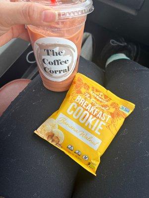 Iced oatmilk latte and banana walnut breakfast cookie