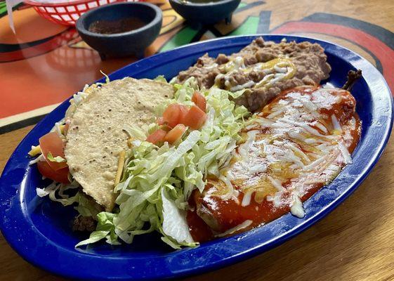 Relleno w/red, taco and beans.