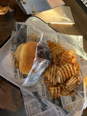 Smash burger and fries. Fries needed some salt and pepper, but they had a solid crisp.