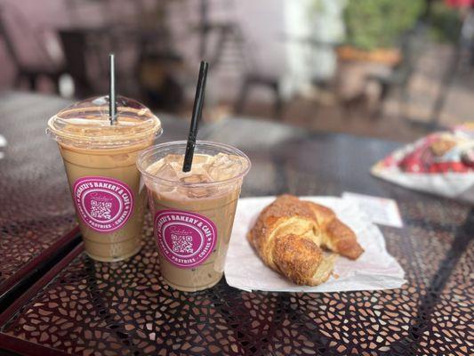 Iced Brown Sugar Shaken Espresso Oatmilk with a gluten free churro croissant