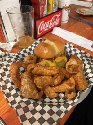 Burger with pork skins