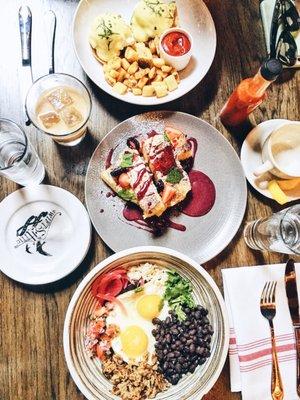 Huevos rancheros, custard French toast, green eggs Benedict