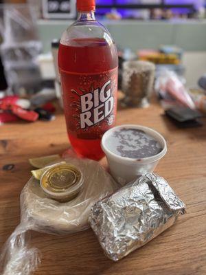 The haul, barbacoa, salsa, corn tortillas, Big Red, tamales