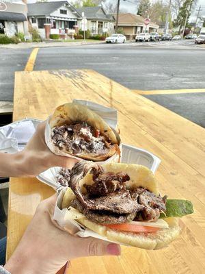 Top - Pabellon Arepa: shredded beef, black beans, cheese and sweet plantain. Bottom - LLanera Arepa - Steak, avocado, tomato and cheese.