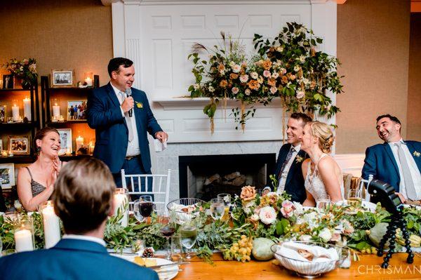 Look at this table arrangement! That fireplace display! Alexis and florist (Luna Moss) brought my neutral autumnal color palette to life.