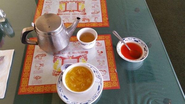 Flower soup and hot tea.