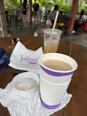 Gingerbread latte and iced mango tea. The apple fritter was devoured before picture.