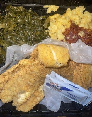Collard greens, whiting, and mac & cheese