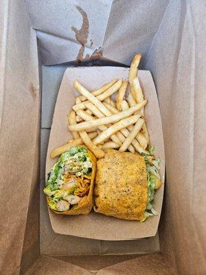 Shrimp wrap and fries