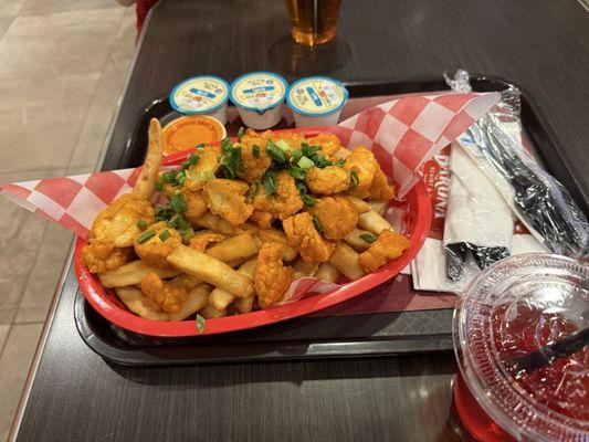 Buffalo chicken fries, ranch dressing requested on the side. Some kick of spice.