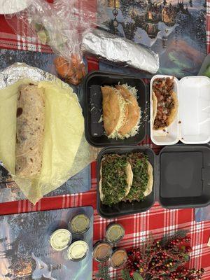 Primo burrito, potato tacos, asada tacos and adobada taco