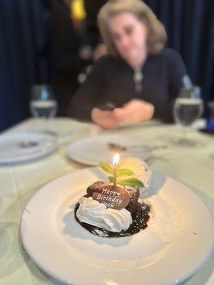Went for a birthday! The chocolate cake wasn't heavy, it was fluffy and nice and paired nicely with the vanilla bean ice cream.