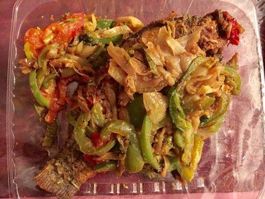 10 inch fried tilapia, smothered in veggies