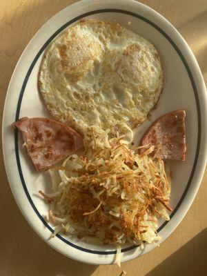 2 eggs ham and Hash Browns