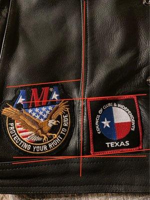 Right side of motorcycle club kutte (vest) where both patches were sewn on crooked in relation to vertical and horizontal seams.