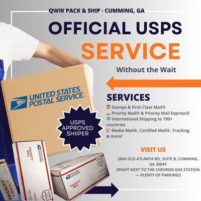 We're an official USPS Approved Shipper, offering:
Stamps & First-Class Mail®
Priority Mail® & Priority Mail Express®
International