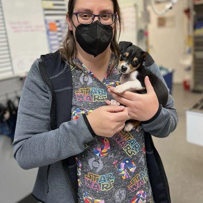 Raeann with the cutest little puppy.