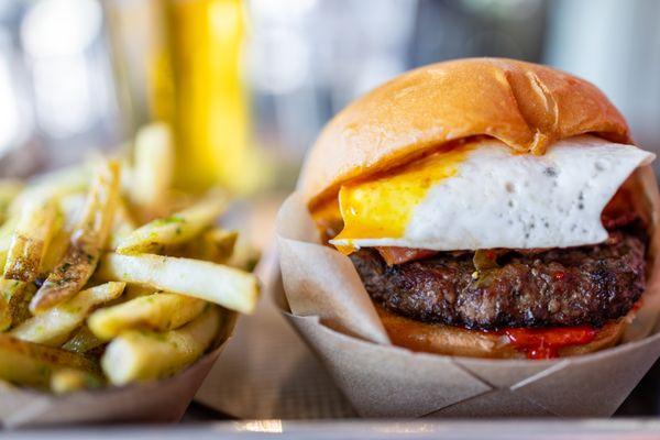 Kimchi Burger w/ Garlic Fries ($16/burger) + $5/fries