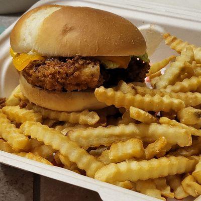 Wild Cherry Whiskey Chicken Sandwich with Fries
