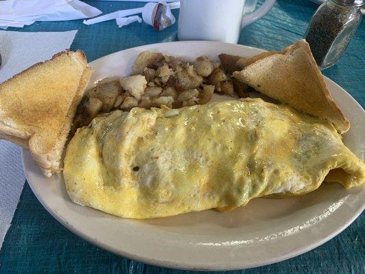Western omelette and fried potatoes.