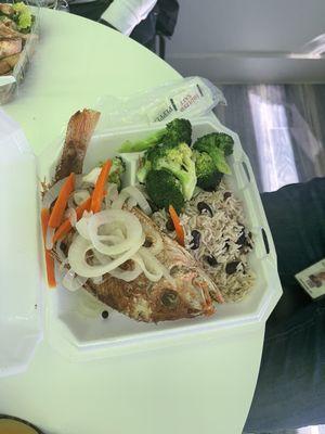 Escovich Fish with broccoli and rice and peas