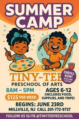 Get ready for an unforgettable summer at Tiny-Tee Preschool of Arts! Our fun-filled Summer Camp for ages 6-12 kicks off June 23rd !