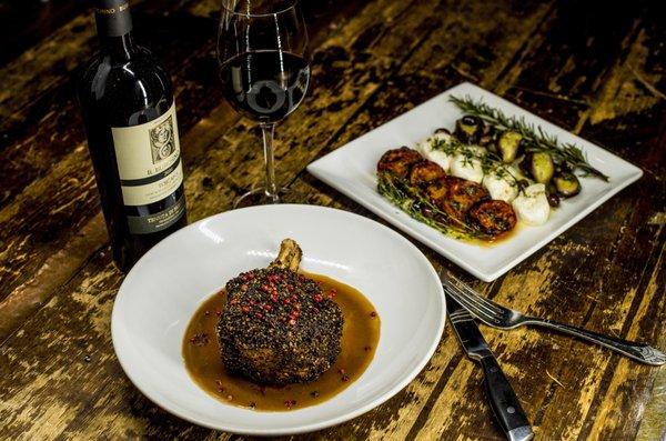 Roasted Double Cut Pork Chop, in crusted with mix peppercorns.