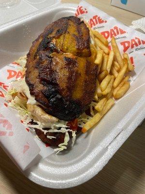 Pataconazzo de Pollo. Chicken, cabbage, cheese on sweet plantain.