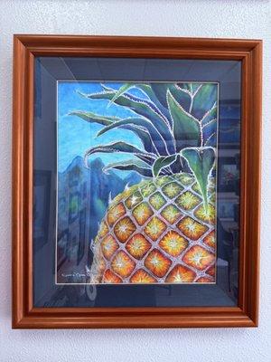 Sweet Welcome is a mixed media framed silver ink and watercolor painting of a Stylized Hawaiian Sweet pineapple.