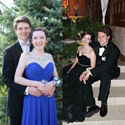 Prom 1 (blue dress) braids on both sides & secured in back; 2nd an Old Hollywood swept up style. Beautiful!