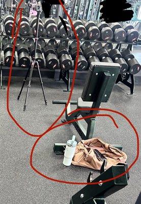 Bags and tripods everywhere on the workout floor